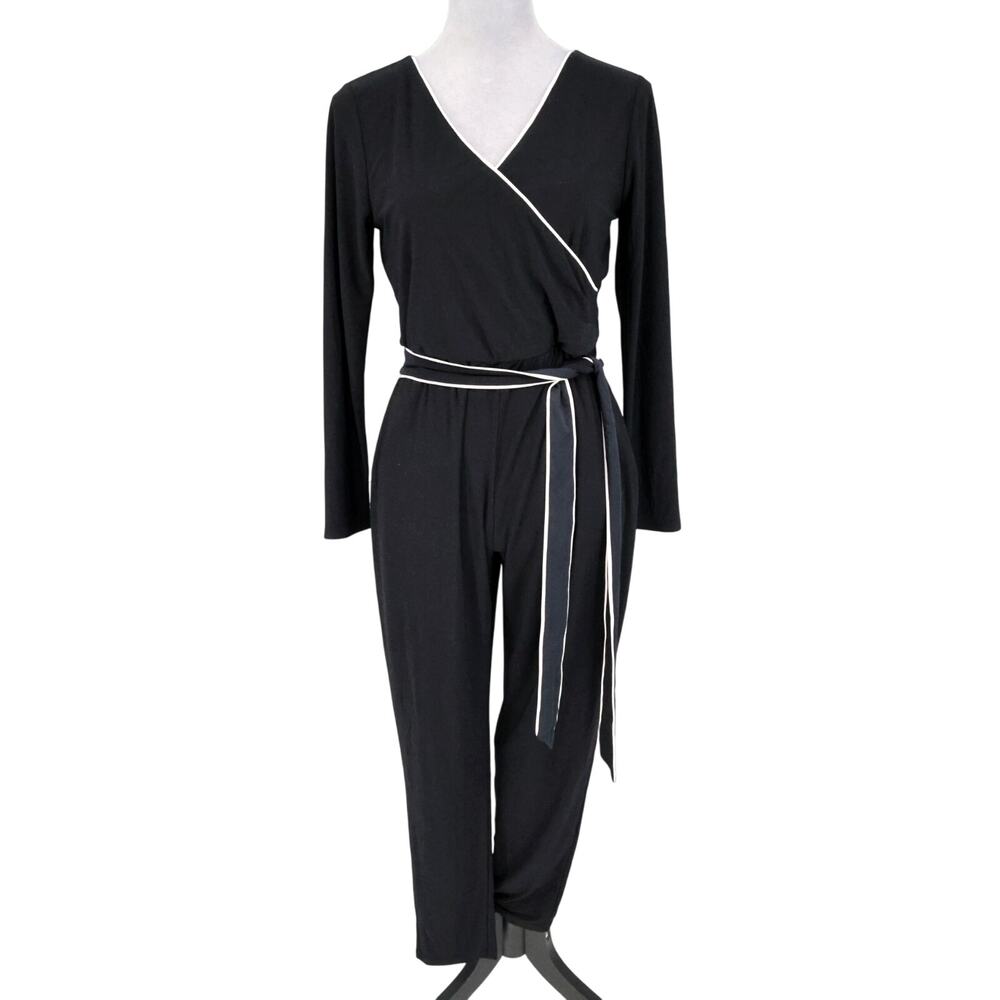 WHBM Jumpsuit Womens Small Black Stretch Knit Attached Belt White Trim Faux Wrap